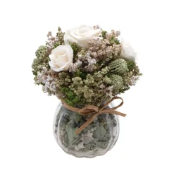 Kunstig Rosebuket I Glasvase Hvid