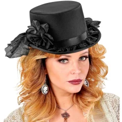 Sort Cylinderhat Med Rose Og Tyl